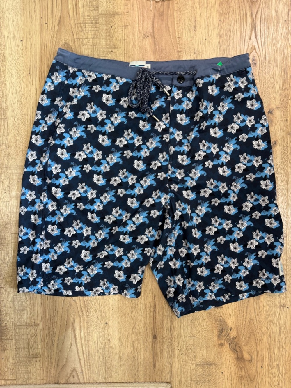 Men's Navy Floral Swim Board Shorts with Light Blue Accents